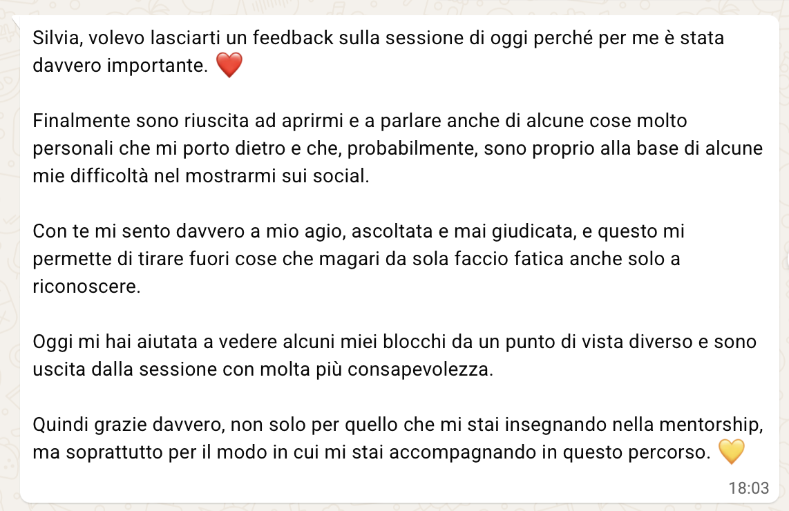 Feedback di una cliente dopo una sessione di mentorship